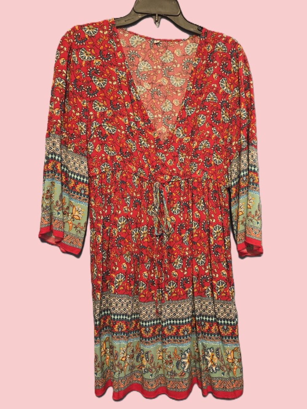 Red & Turquoise FLoral Print Midi Dress - L